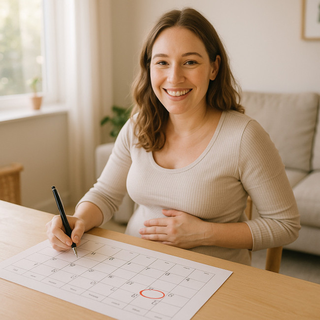 Femme enceinte entourant une date sur un calendrier pour estimer son terme