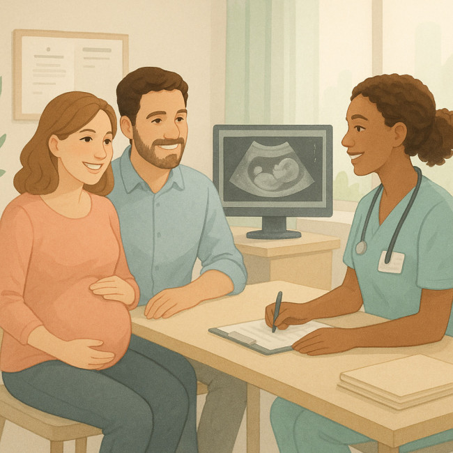 Couple consultant une sage-femme après un test de grossesse positif