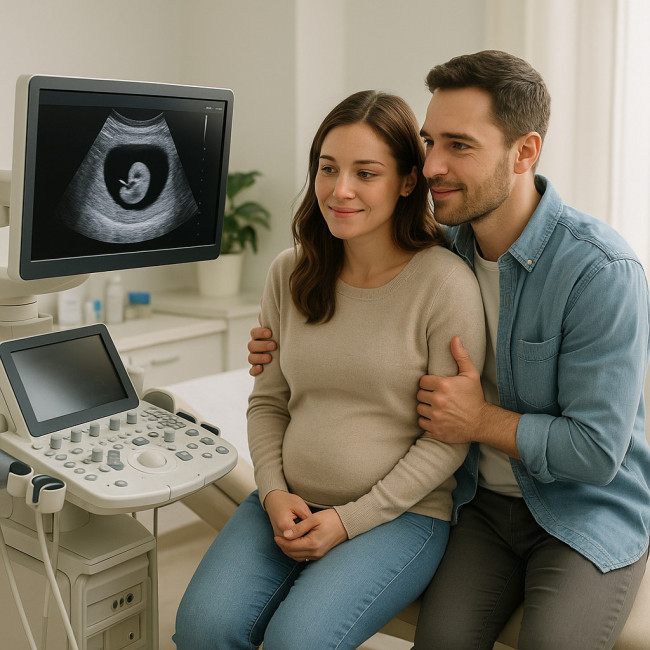 Couple découvrant l'échographie de datation